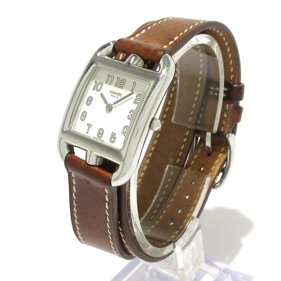 Auth HERMES Cape Cod Double Tour CC1.210 2****** Silver Brown Wrist Watch - Picture 1 of 12